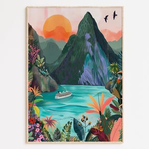 Impresión de crucero por la isla: arte mural tropical, paisaje colorido imprimible, decoración de viajes costeros, arte de cruceros, póster vibrante del océano.