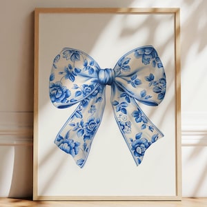 Chinoiserie Bow Print: Blue Floral Coquette Room Decor (Digital Download)