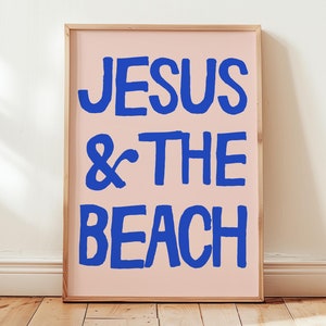Pink Jesus and the Beach Print: Coastal Christian Wall Art (Digital Download)