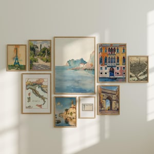 Juego de 9 carteles de viaje con decoración de habitación con estética italiana, impresiones descargables, mapas de viajes europeos, arte de pared moderno para regalos de viaje