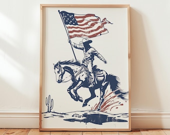 Vintage Cowboy American Flag Print: Western Farmhouse Decor (Digital Download)