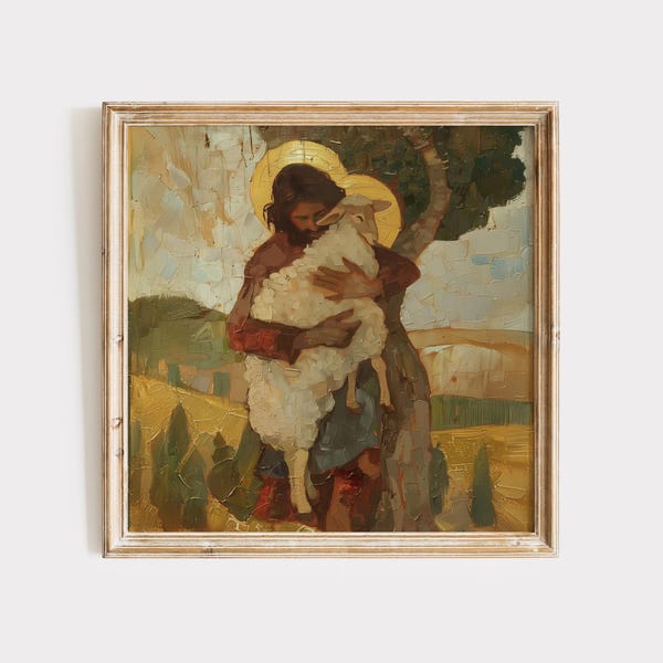Good Shepherd Print: Christian Parable Art, Jesus and Lost Sheep (Digital Download 30x30 inches)
