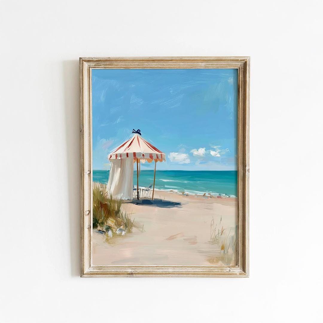 【確認用】ビーチ風景画 小型 ヴィンテージストライプビーチテントプリント – Serene Coastal Art