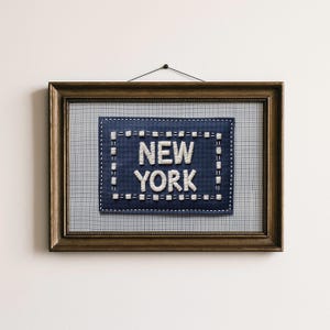 Vintage New York Embroidery Print: Rustic Cityscape Wall Art (Digital Download