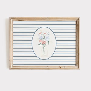 Floral Wall Art Print: Blue Striped Farmhouse Decor (Digital Download)