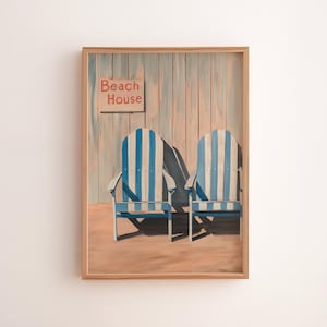Coastal Beach House Art Print: Adirondack Chairs, Nautical Stripes (Digital Download