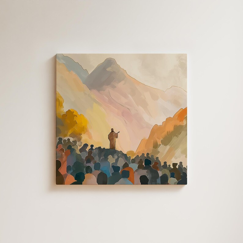 May include: An abstract painting shows a figure speaking to a crowd with mountains in the background. The artwork uses a muted colour palette of blues, oranges, and yellows, creating a calm atmosphere. The painting is mounted on a square canvas.
