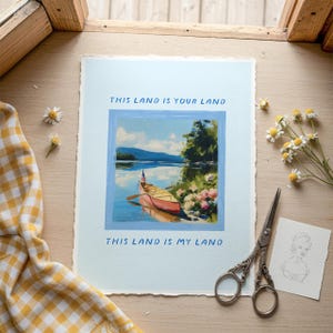 This Land Is Your Land Printable, Patriotic Folk Song Quote Digital Download, Canoe Lake American Flag Art for Living Room Bedroom Decor image 5