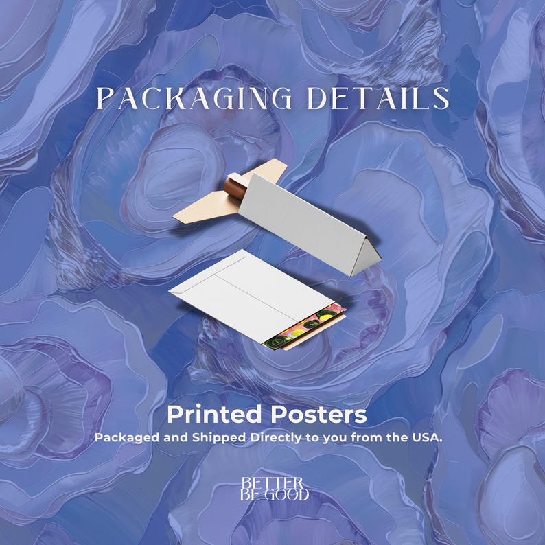 May include: Image showing packaging details for printed posters. A white cardboard box and envelope are displayed against a blue abstract background. The text "PACKAGING DETAILS" is at the top, with "Printed Posters" and "BETTER BE GOOD" at the bottom.