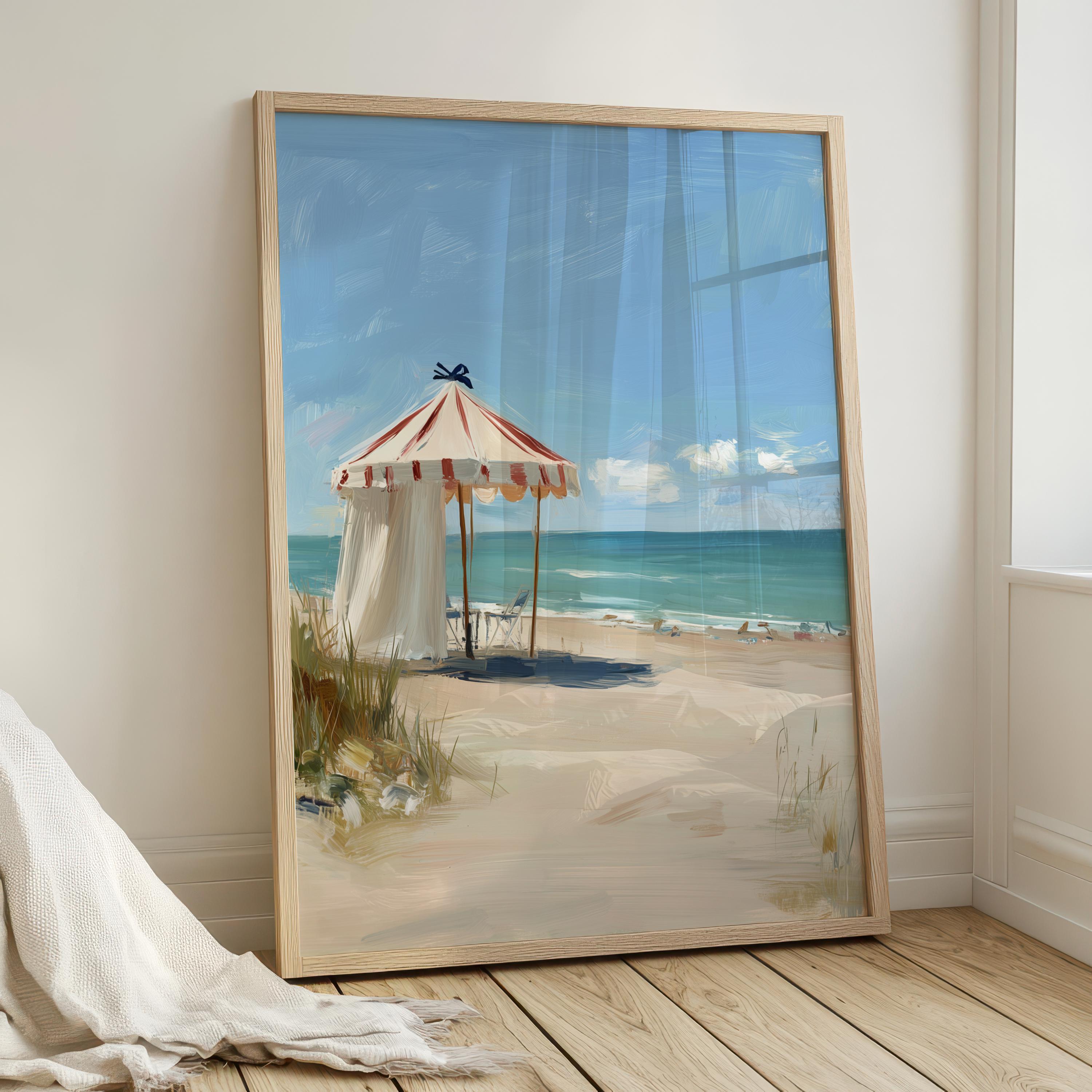 【確認用】ビーチ風景画 小型 ヴィンテージストライプビーチテントプリント – Serene Coastal Art