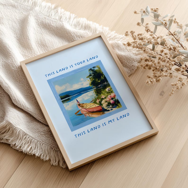 This Land Is Your Land Printable, Patriotic Folk Song Quote Digital Download, Canoe Lake American Flag Art for Living Room Bedroom Decor image 10
