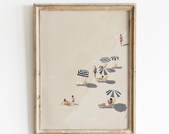 Minimalist Beach Scene Print: Coastal Umbrella Art (Digital Download)