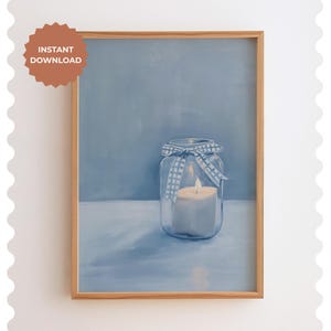 Gingham Candle Print: Blue Cottagecore Wall Art (Digital Download)