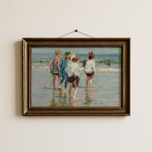 Summer Beach Day Painting - Vintage Seaside Scene, Printable Coastal Wall Art, Kids Playing at the Shore, Seaside Decor, Ocean Art 334