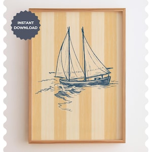 Vintage Sailboat Coastal Print: Yellow Beach Stripes (Digital Download