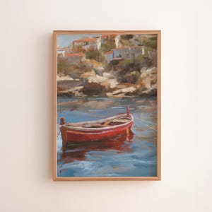Coastal Red Boat Seascape Print: Rustic Nautical Wall Art (Digital Download