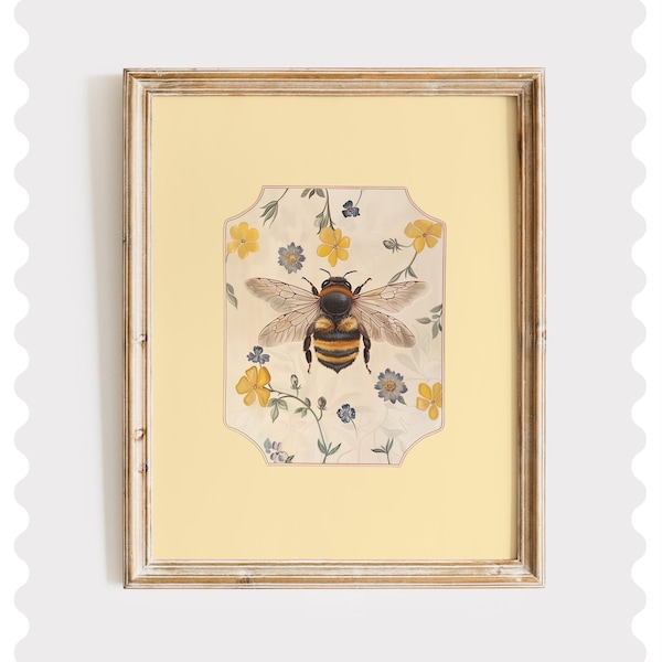 Botanical Bee Print: Vintage Cottagecore Wall Art (Digital Download
