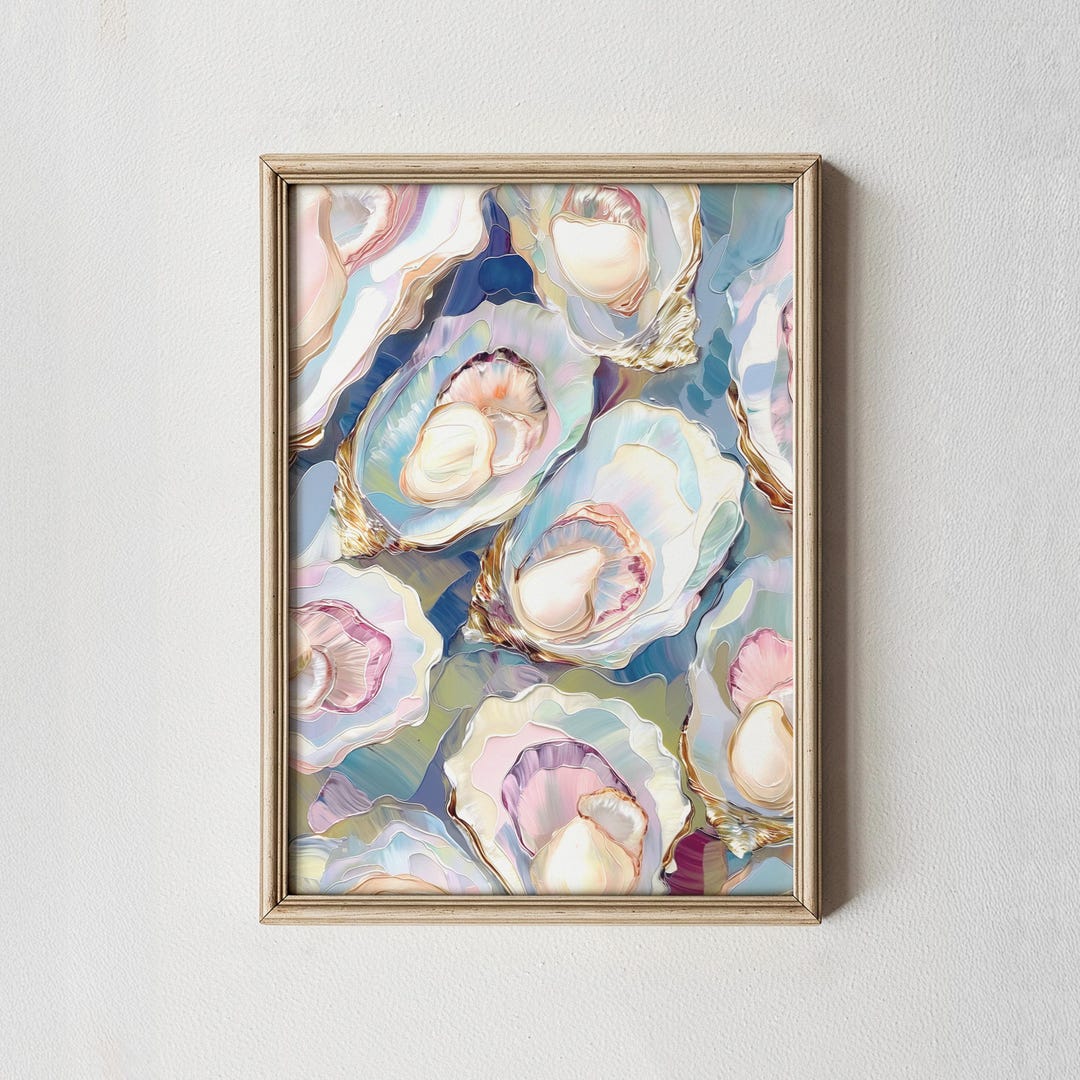 Oyster Wall Art, Iridescent Oyster Shell Print, Coastal Pastel Decor ...