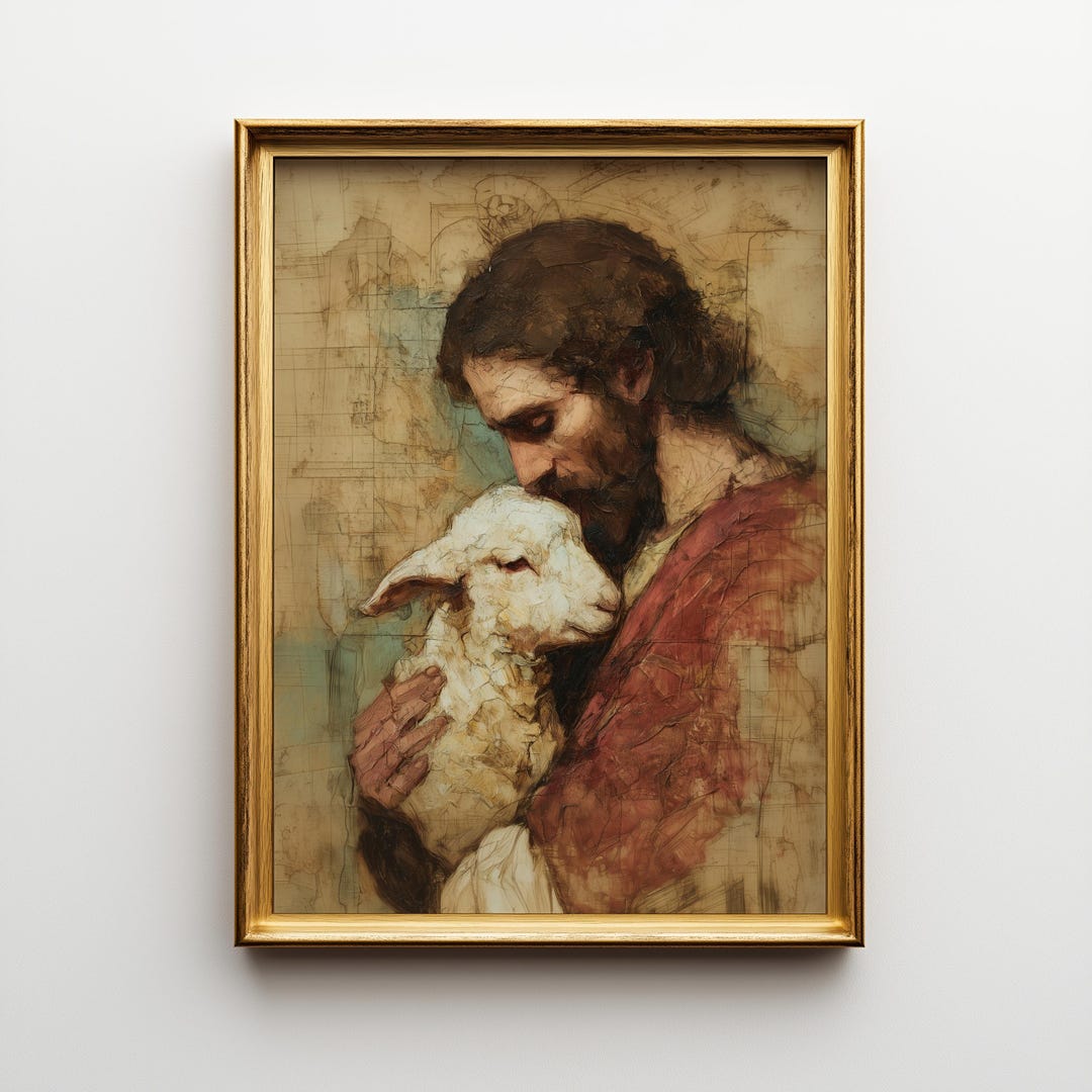 ヴィンテージの子羊とイエス・キリストの肖像画 - 印刷可能な壁アート