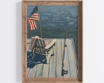 Patriotic Lake House Print: Adirondack Chair, Fishing Pole (Digital Download)
