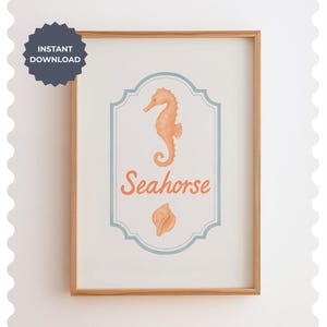 Seahorse Printable Wall Art, Coastal Nursery Decor Download, Peach Seahorse with Ornate Label, Ocean Digital Art Print