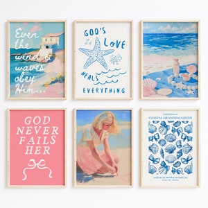 Coastal Christian Wall Art Prints: Coquette Room Decor Set (Digital Download)