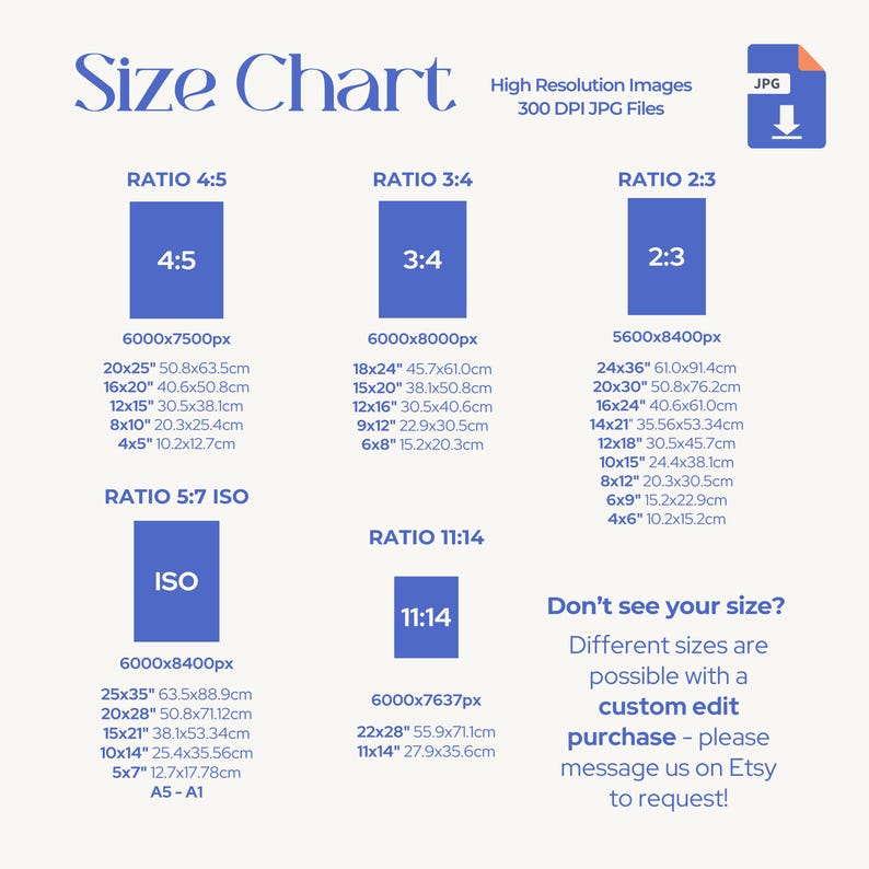 May include: A size chart with blue rectangles displaying aspect ratios like 4:5, 3:4, and 2:3, along with corresponding dimensions in inches and centimeters. Includes text: "High Resolution Images 300 DPI JPG Files."