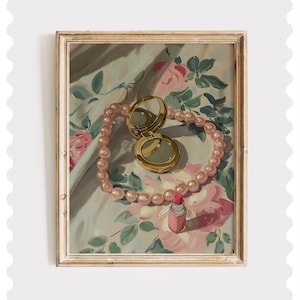 Impresión de Perlas Rosas: Arte de Pared para Tocador, Decoración de Joyas Femeninas, Impresión de Maquillaje Vintage, Pintura de Lápiz Labial Retro, Descarga Digital