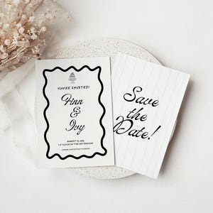 Plantilla de invitación para guardar la fecha en blanco y negro, tendencia actual, plantilla de Canva editable y extravagante, tarjetas de invitación para guardar la fecha de 5 x 7 para invitaciones digitales