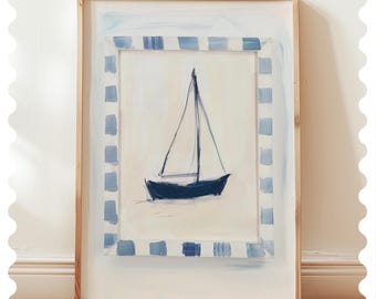 Impression de bateau bleu : oeuvre d&#39;art murale nautique côtière de petite-fille (téléchargement numérique)