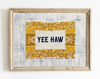 Yee Haw gele bandana afdrukbare, western cowboy kunst digitale download, gele bandana Yee Haw teken voor slaapzaal decor appartement teken