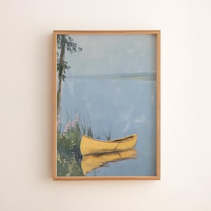 Serene Lakeside with Yellow Canoe - Rustic Summer Wall Art, Printable Lake Painting, Tranquil Nature Decor, Cottagecore Art Print 27
