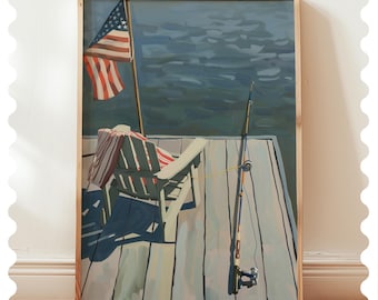 Patriotic Lake House Print: Adirondack Chair, Fishing Pole (Digital Download)