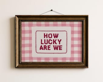 May include: A framed cross-stitch artwork with a pink gingham background. The artwork features the text "HOW LUCKY ARE WE" in burgundy letters within a white rectangle. The frame is a dark brown color.