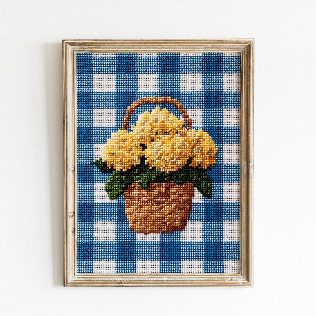 Fresh Look at Needlepoint Print Blue Gingham Hydrangea Basket
