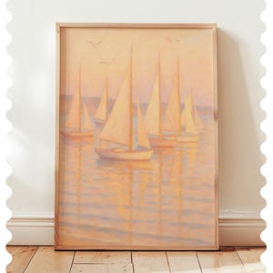 Sailboat Wall Art Printable – Pink Cream Coastal Decor, Pastel Nautical Digital Download, Coastal Granddaughter Aesthetic, Beach House Print