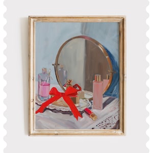 Vintage Vanity Print – Coquette Perfume Bottles Art, Red Bow Aesthetic Wall Decor, Feminine Bathroom or Bedroom Digital Download