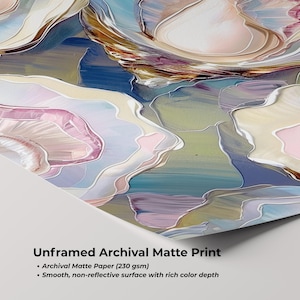 May include: An unframed archival matte print featuring an abstract design with soft pastel colors. The artwork showcases a blend of blues, pinks, and greens with white accents. The print is on archival matte paper (230 gsm) with a smooth, non-reflective surface.