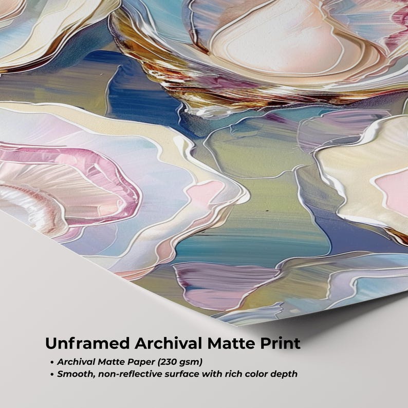 May include: An unframed archival matte print featuring an abstract design with soft pastel colors. The artwork showcases a blend of blues, pinks, and greens with white accents. The print is on archival matte paper (230 gsm) with a smooth, non-reflective surface.