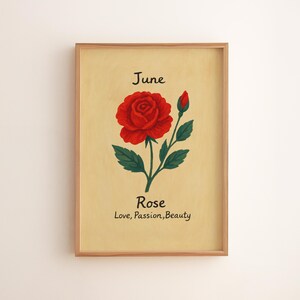 Vintage June Rose Printable Art - Rustic Summer Botanical Print, Red Rose Illustration, Cottagecore Flower Wall Decor, Nature Art 138