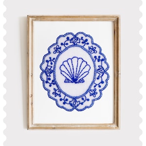 Blue Scallop Shell Wall Art – Coastal Granddaughter Needlepoint Printable, Vintage Doily Print, Coquette Cottagecore Decor Download