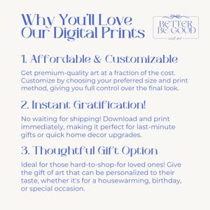 May include: A digital print advertisement with text in blue font on a cream background. The text reads "Why You'll Love Our Digital Prints" and lists benefits like affordability, customization, and instant gratification. A logo for "Better Be Good Wall Art" is in the top right.