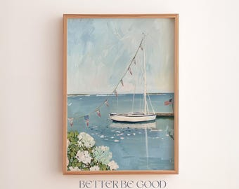 Harbor Flags Print – Coastal Boat Art, Nautical 4th of July Decor, Patriotic Lake House Wall Art, Red White Blue Digital Download