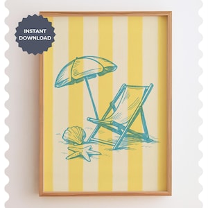 Beach Scene Print: Yellow Coastal Stripes, Chair & Umbrella (Digital Download)