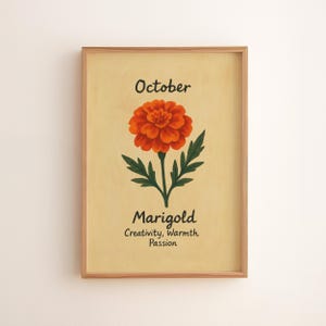 October Marigold Wall Art - Rustic Autumn Flower Illustration, Vintage Botanical Decor, Printable Floral Wall Art, Fall Cottagecore 145