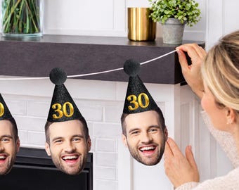 Personalized Photo Face Banner with Party Hats – Birthday Decoration Bunting with black and gold hats