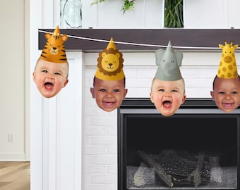 Personalized Safari Animal Photo Face Bunting – Lion Tiger Elephant Giraffe Birthday Party Decor