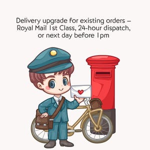 May include: A cartoon image of a mail carrier in a teal uniform and cap, holding a letter with a heart. A red postbox and a bicycle are also in the image. The text reads: Delivery upgrade for existing orders.