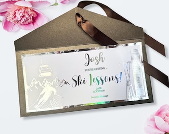 Ski Lessons Voucher- ticket - boarding pass - birthday - Skiing -holiday - christmas -anniversary - girlfriend - wife - Alps - gold foil