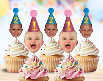 Face Cupcake Toppers - Photo - Cake - Birthday - First - 1st - 2nd - 3rd - 4th - 5th - Party - Decorations - Topper